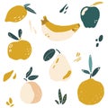Fruits modern flat vector illustration, simple and minimalistic set for print and web design, apple, bananas, orange and pear