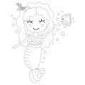 Cute childish black and white illustration of outline cartoon little cute long-haired curly smiling mermaid and fish with bubbles. Royalty Free Stock Photo