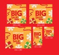 Christmas Big Sale Web Banners Orange Background with Gift box, Snowflakes, and Ribbons Set Royalty Free Stock Photo