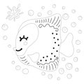 Isolated black and white illustration of outline cartoon Zebrasoma fish with bubbles. For coloring book and page, printing on baby