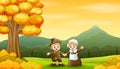 Happy pilgrim couple in the autumn background