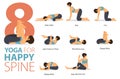 8 Yoga poses or asana posture for workout in Happy Spine concept. Women exercising for body stretching. Fitness infographic.