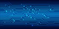 Circuit board with various technology elements. Blue cyber security concept background, abstract hi speed digital internet