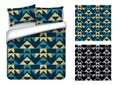 Bed sheet design. Bed from top view with pillows in a geometric pattern design. Royalty Free Stock Photo