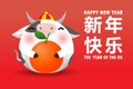 Happy Chinese New Year 2021 greeting card the year of the ox, Little ox holding mandarin orange, cute cow Cartoon poster isolated