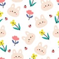 Seamless pattern with cartoon flowers and rabbit for fabric print, textile, gift wrapping paper. colorful vector for kids Royalty Free Stock Photo