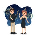 Man and woman couple celebrating new year event with glass of champagne and fireworks.