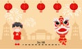 Cute girl in traditional Chinese clothes and lion dance keep social distancing in pandemic situation. Wear a mask for Lunar new ye