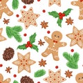 Christmas seamless pattern. Gingerbread men, green fir branches, pine cones, snowflake cookies, holly berries and anise stars