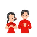 Chinese couple in traditional costume doing fist and palm salute greeting for lunar new year. Red pocket.
