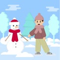 Boy and snowman in winter forest illustration for christmas picture