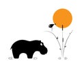 Hippo and bird cartoon illustration isolated on white background, vector. Rhino and bird silhouette on branch on sunset