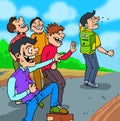 The group bullies boys laughing pointing to school boy. Royalty Free Stock Photo