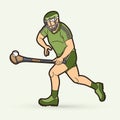 Hurling sport player action. Irish Hurley sport cartoon graphic vector.