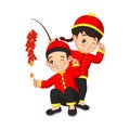 Cartoon Chinese kids with a firecracker Royalty Free Stock Photo