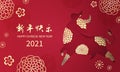 Happy Lunar new year 2021. Year of the ox celebration decorated with flower. Red and gold oriental concept.