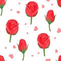 Red rose buds and pink hearts isolated on white background. Festive seamless pattern. Royalty Free Stock Photo