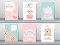 Set of birthday cards with cute animal,poster,template, greeting card,cake,Vector illustrations