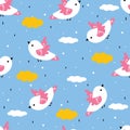 Seamless pattern with cartoon birds and clouds. for fabric print, textile, gift wrapping paper. colorful vector for kids Royalty Free Stock Photo