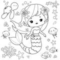 Beautiful mermaid and sea animals. Vector black and white coloring page Royalty Free Stock Photo
