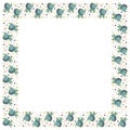 Square frame of little cute dinosaurs Triceratops looking up at stars and circles on a white background. Cartoon border of dino ch Royalty Free Stock Photo