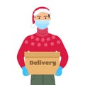 Courier in santa claus hat and protective medical mask holds box in his hands. Safe delivery