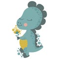 Cartoon single illustration of a little cute smiling dinosaur tyrannosaurus holding a flower and sniffing it. Isolated baby dragon