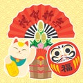 Japanese New Year`s greeting card with kadomatsu, daruma and maneki neko. Translation: Happy New Year Royalty Free Stock Photo