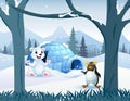 A polar bear and penguin near the igloo house