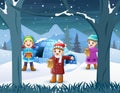 Three kids in winter clothes singing together Royalty Free Stock Photo