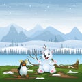 Cartoon a polar bear and penguin in the snow field Royalty Free Stock Photo