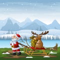 Santa Claus pulling reindeer on a sleigh in winter landscape Royalty Free Stock Photo