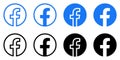 Facebook Logo - Vector Set Collection - Black Silhouette Shape - Original Latest Blue Color - Isolated. F Icon for Web Page, Mobil