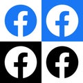 Facebook Logo - Vector Set Collection - Black Silhouette Shape - Original Latest Blue Color - Isolated. F Icon for Web Page, Mobil