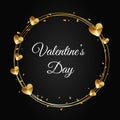Black and gold design for valentine card decorated with circle frame and golden hearts Royalty Free Stock Photo