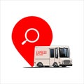 Delivery tracking. delivevery van in front of pin location and search icon vecot illustration Royalty Free Stock Photo