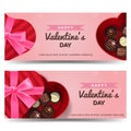 Happy valentine`s day pink banner set for website decorated with heart shaped chocolate gift box full with truffles. Royalty Free Stock Photo