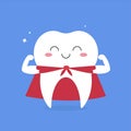 Strong cute superhero tooth vector illustration