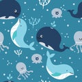 Seamless pattern with cartoon sea creatures for fabric print, textile, gift wrapping paper. colorful vector for kids Royalty Free Stock Photo