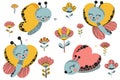 Cartoon set of 4 cute cartoon funny characters of butterflies, abstract flowers and doodles of hearts on a white background. Summe Royalty Free Stock Photo