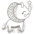 Isolated black and white little cute dinosaur Triceratops looking up at a star. Cartoon dino character for coloring book and page, Royalty Free Stock Photo