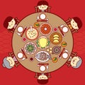 Chinese New Year Eve, Family Reunion Dinner Vector Illustration with delicious dishes in round table Royalty Free Stock Photo