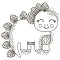 Cute black and white little dinosaur Stegosaurus stands and smiles. Children`s outline cartoon illustration. For coloring book or Royalty Free Stock Photo