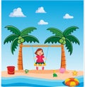 Little Girl Playing Swing on Beach Vector illustration in flat. summer holiday vacation. Royalty Free Stock Photo