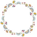 Cute round isolated frame of cartoon stylized funny butterflies, rainbows, flowers and hearts with empty space for text in girly n Royalty Free Stock Photo