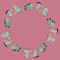 Cute childish summer round frame for text of smiling dinosaurs brontosaurus with butterflies, parasaurolophus, stegosaurus, monste