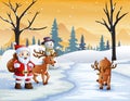 Santa Claus and two deer in snowy forest landscape Royalty Free Stock Photo