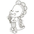 Cartoon black and white single illustration of a little cute smiling dinosaur tyrannosaurus holding a flower and sniffing it. Isol