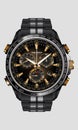 Realistic clock watch chronograph black steel gold number luxury on white background design for men on white vector