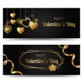 Happy Valentine`s day greeting banner set. Trendy elegant black and gold style.